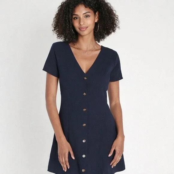 NWT Lulus Everyday Sweetness Mini Dress Large Button Front Pockets Navy Blue - Picture 1 of 11